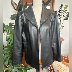 Worthington womens genuine lambskin black leather zip up jacket size large